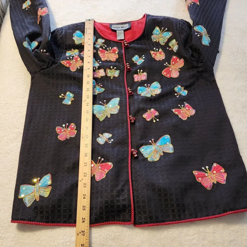 Indigo Moon Appliqué Embroidered Sequin Colorful Butterfly Black Jacket Womens M